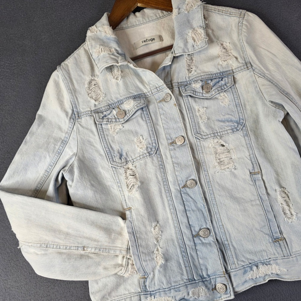 Refuge Denim Jacket Womens L Light Wash Distressed Jean Trucker Biker Grunge